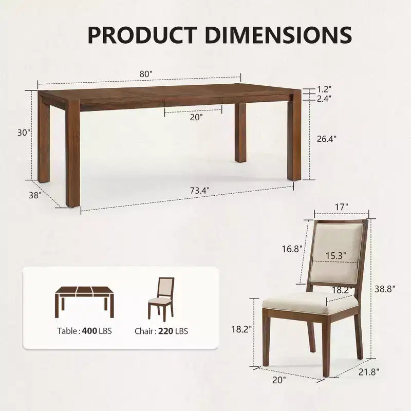 Moderne eetset - tafel van 80 + 6 stoelen met kussens, frame van massief hout, tafel draagvermogen van 400 lbs, eenvoudige montage
