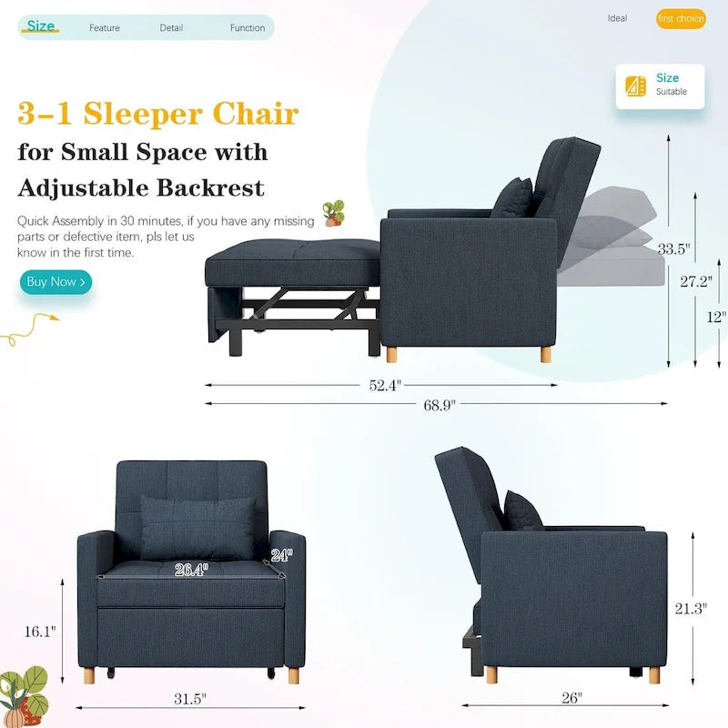 Fauteuil convertible 3-en-1 AECOJOY avec coussin et dossier réglable