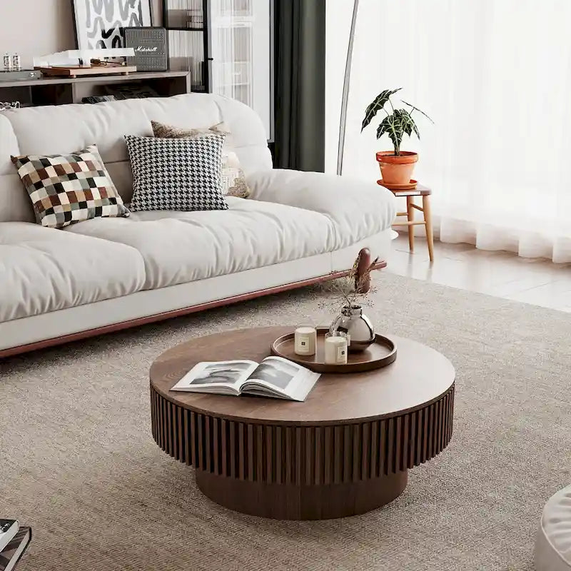 Table basse ronde moderne en bois massif plaqué avec rangement