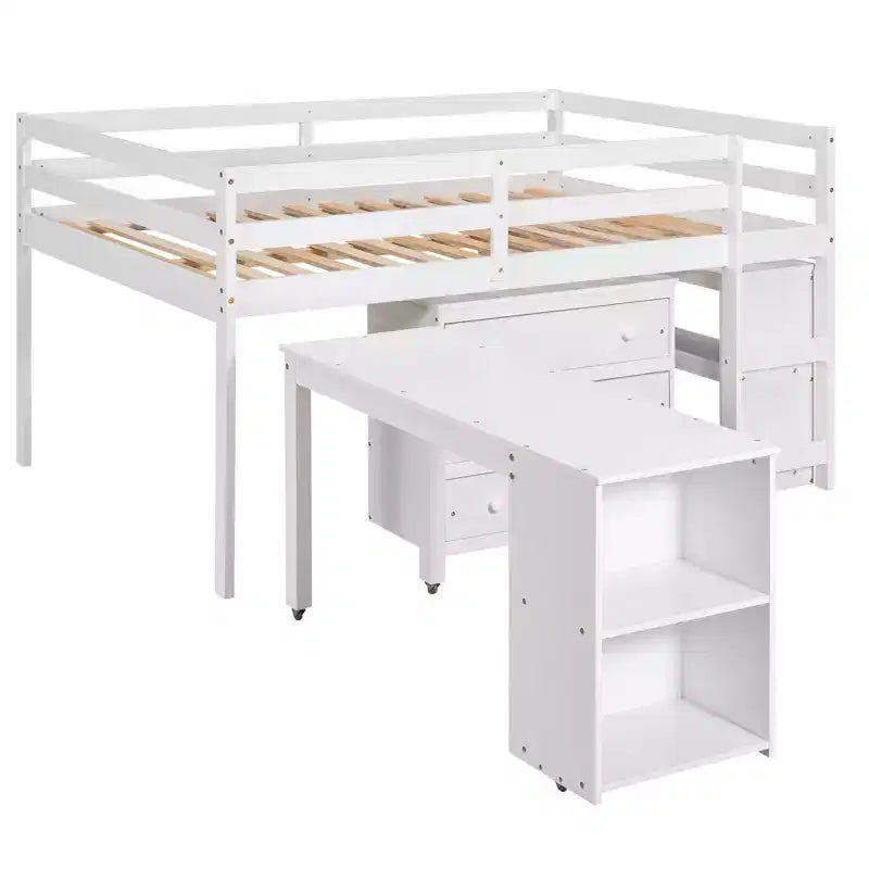 Lit mezzanine bas 2 places avec bureau coulissant, 3 tiroirs et étagères