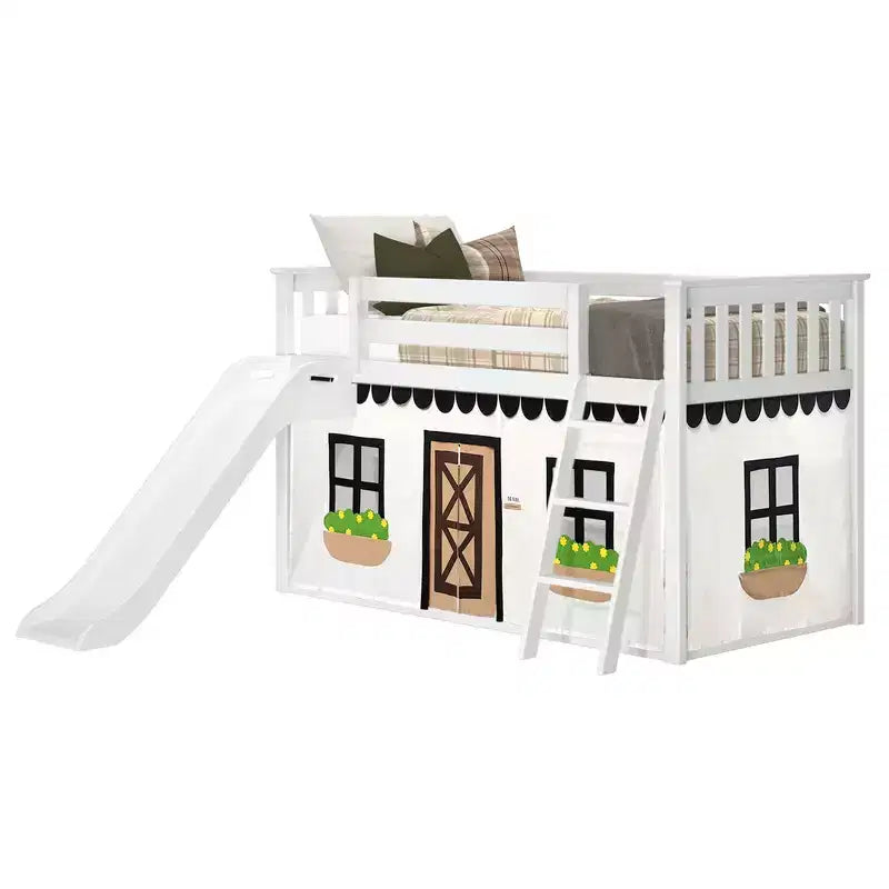 Lit superposé bas une place sur une autre avec toboggan facile à utiliser et rideau de ferme noir et blanc