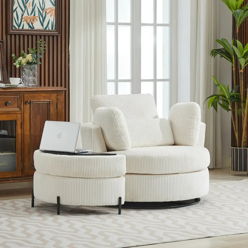 Fauteuil d’appoint pivotant rembourré de 42,3W avec 4 coussins et pouf de rangement demi-lune