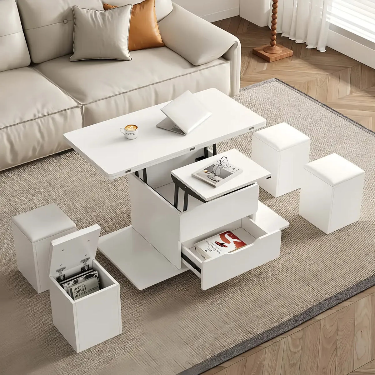 Table basse pliable à plateau relevable avec 4 tabourets et espace de rangement