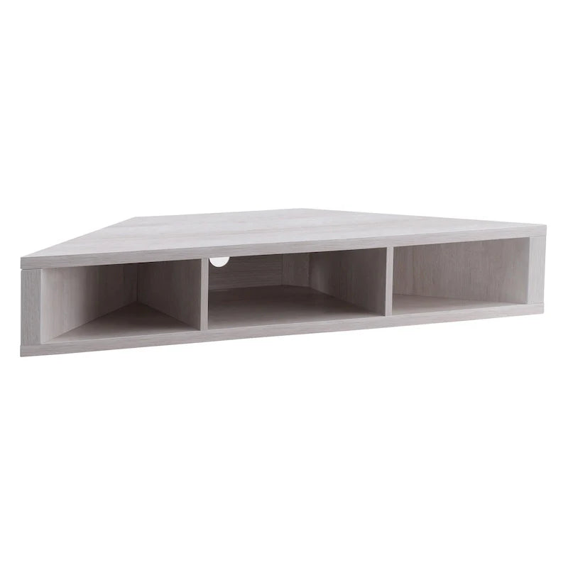 Meuble TV d’angle suspendu 47, 3 étagères, style transitionnel, fixation murale peu encombrante