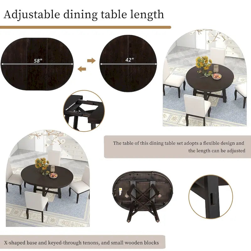 Ronde uitschuifbare eettafel in landelijke stijl met houten keukentafelblad en verlengblad van 16 inch