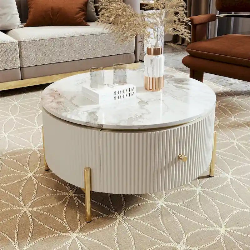 Table basse ronde moderne de 31,5 pouces avec grand espace de rangement dans le tiroir