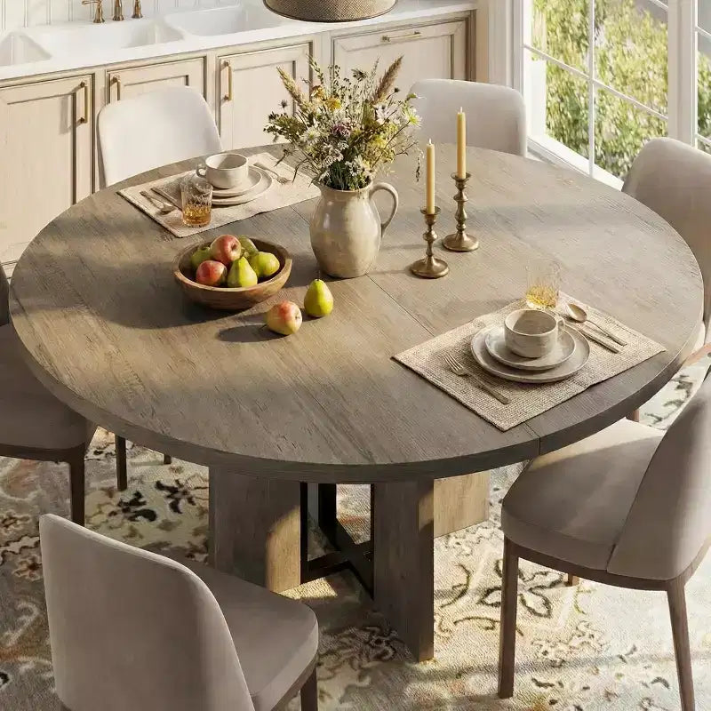 Ausziehbarer runder Esstisch, 47–63 Zoll, für 4–8 Personen, ausziehbarer Küchen- und Esstisch aus Holz im Landhausstil mit Metallgestell, oval, platzsparend für Wohnungen, Retro-Grau