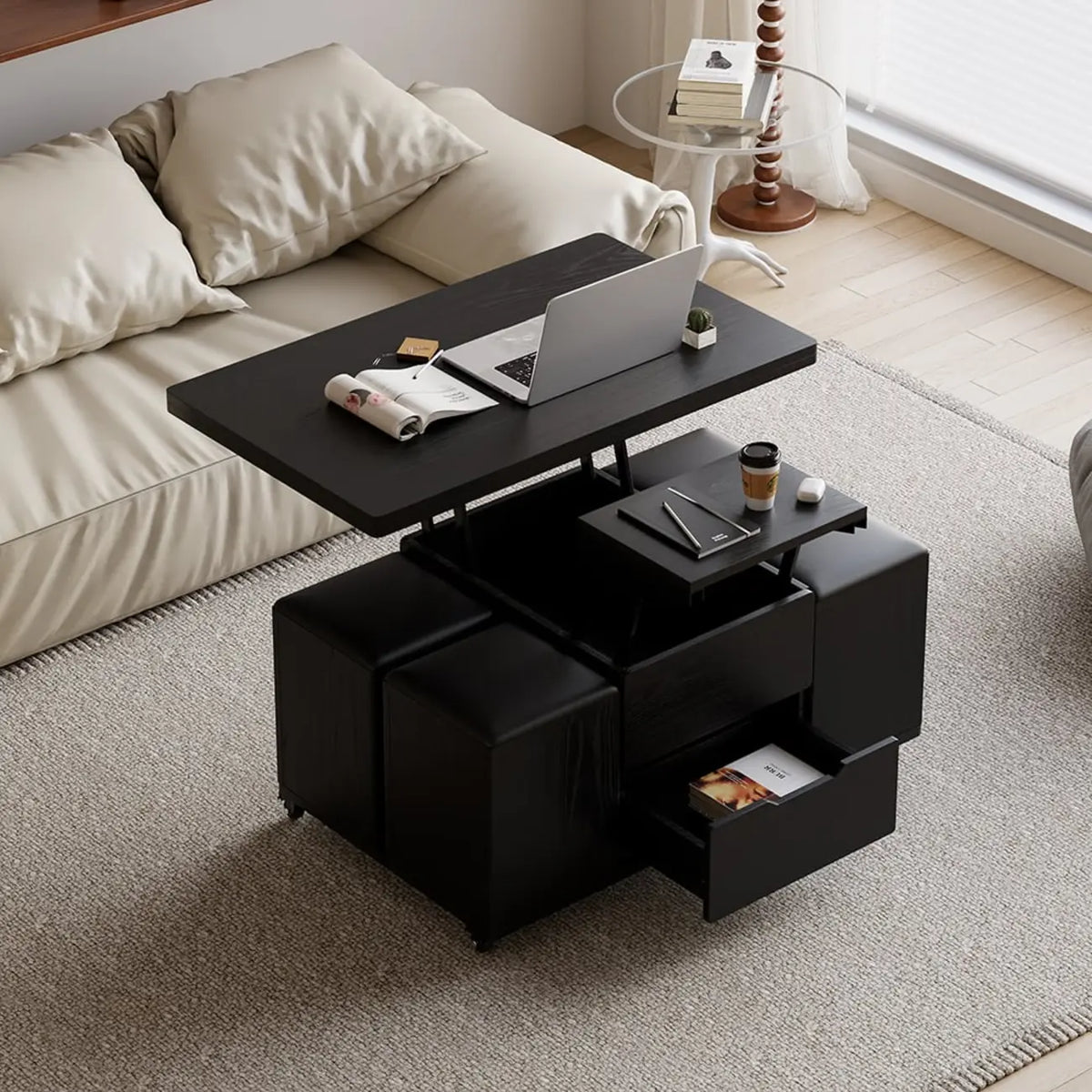 Table basse pliable à plateau relevable avec 4 tabourets et espace de rangement