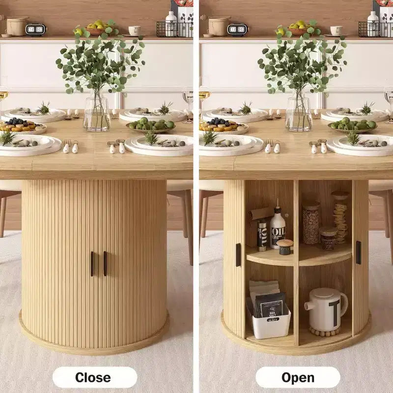 Dyonery 63 uitschuifbare ronde keukentafel voor de eetkamer met opbergrek met 2 niveaus, met voet, houten ovale ronde eettafel, walnoot