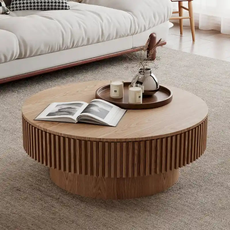 Table basse ronde moderne en bois massif plaqué avec rangement