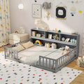 Łóżko podłogowe Montessori w rozmiarze Twin/Full z półkami na książki i miejsce do przechowywania oraz barierkami ochronnymi, białe/szare