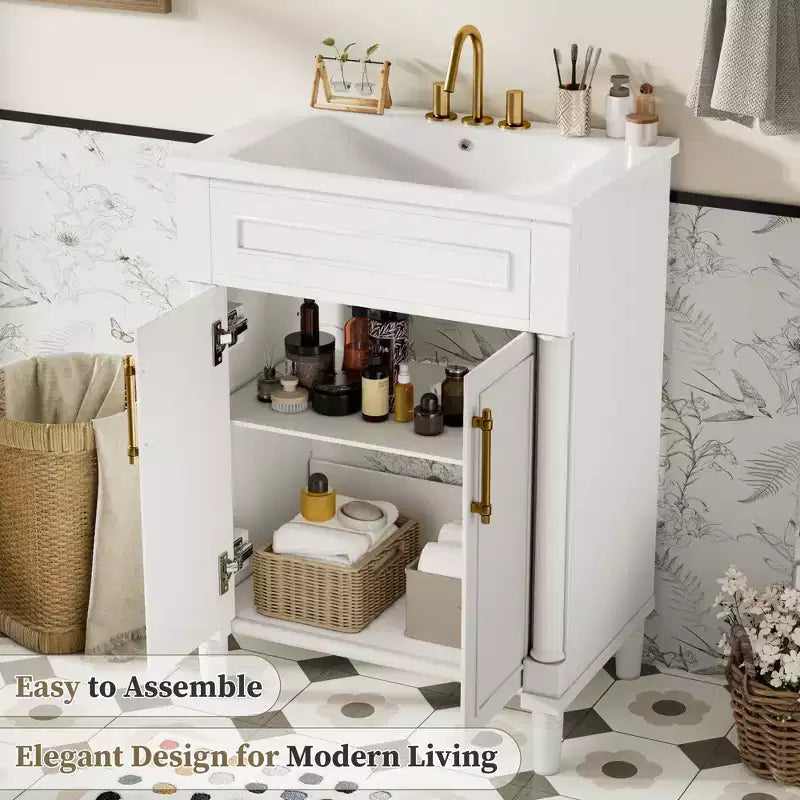 Badkamermeubel van 24 inch met keramische wastafel, Shaker-kast, 2 softclose-deuren en massief houten frame voor een kleine badkamer of toiletruimte