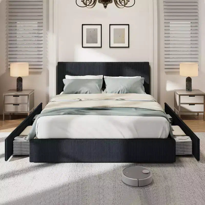 CuisinSmart corduroy bedframe met hoofdbord, gestoffeerd platformbed met 4 opbergladen en houten lattenbodem