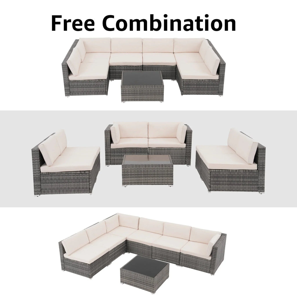 7-delige outdoor loungeset van vlechtwerk en staal met kussens