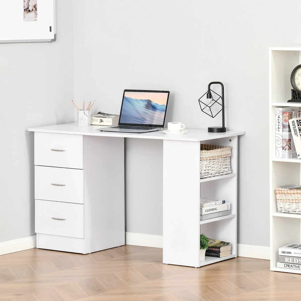 Bureau informatique HOMCOM 47 pour bureau à domicile, combinaison bibliothèque, table d’écriture et poste de travail moderne avec 3 tiroirs et étagère de rangement — blanc