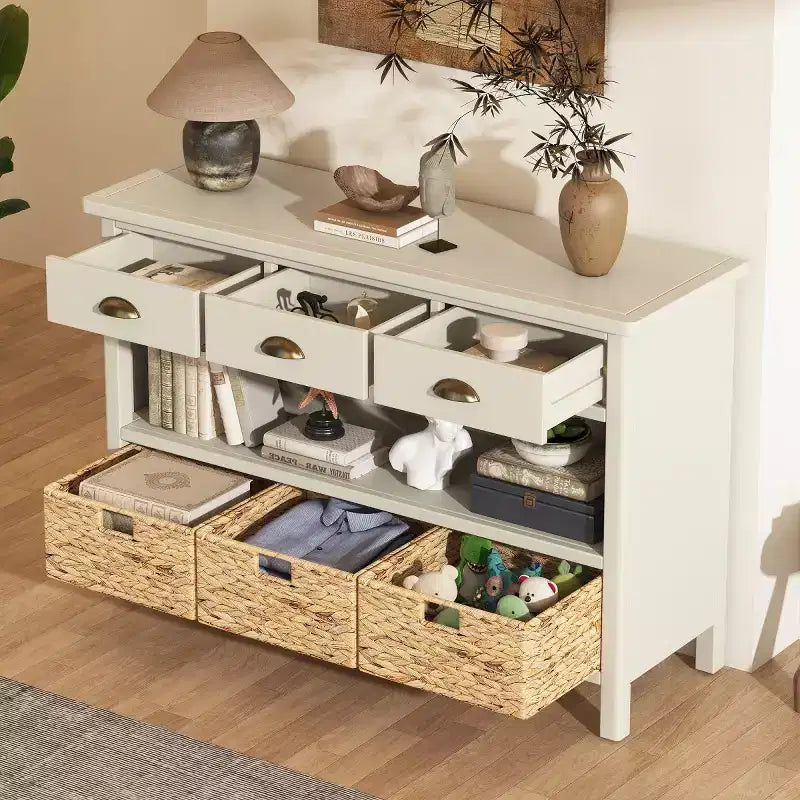 Haltafel voor de entree met opbergruimte, landelijke gangtafel met 3 laden en 3 manden van waterhyacint voor de woonkamer of hal - Panipeachy