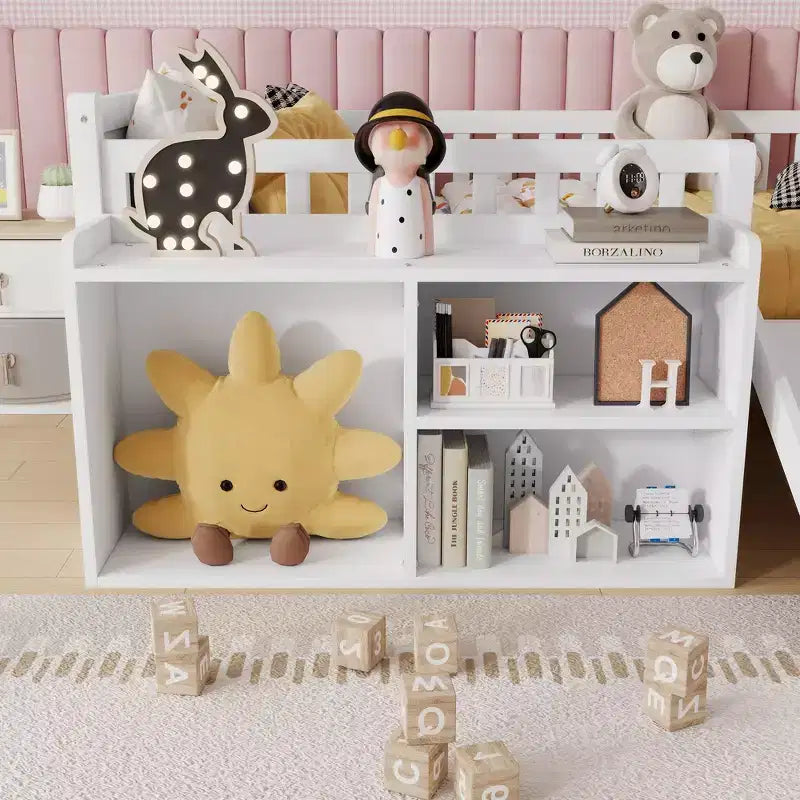 Whisen niedriges Hochbettgestell in Twin-Größe für Kinder mit Rutsche, verschiebbarem Bücherregal, Stauraum und Schutzgittern