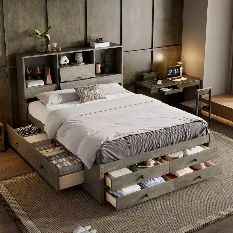 Podestbett in Queen-Size mit Ablage und 8 Schubladen, einfache Montage