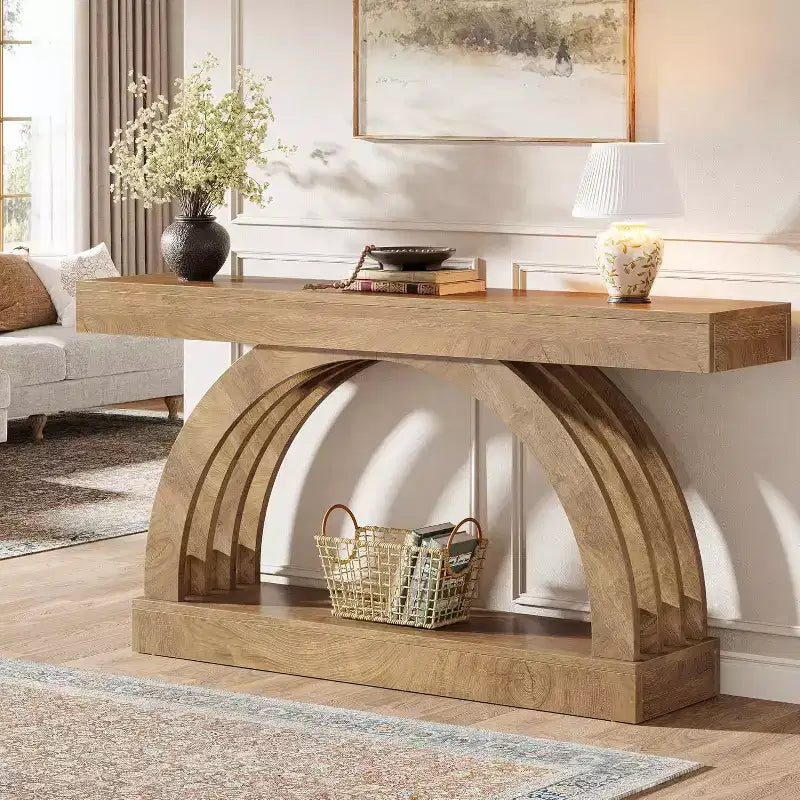 Console d'entrée Lantine de 160 cm, table de canapé à 2 niveaux derrière le canapé, console étroite de style campagne à arche unique pour couloir, salon, vestibule, naturel