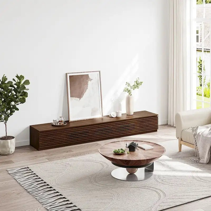 Minimalistische tv-meubel met laden, mediaconsole van massief hout met kasten, neerklapbare deur, walnootfineer, volledig gemonteerd