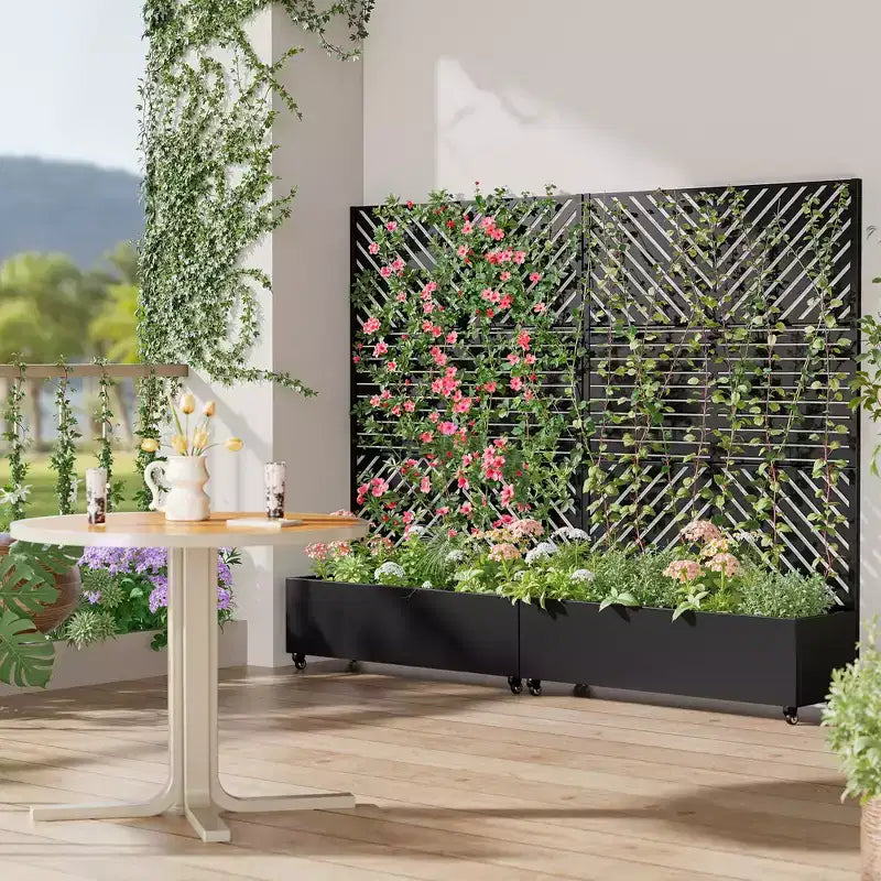 Jardinière MAYEERTY avec treillis, fer noir, lignes parallèles 01, style classique à persiennes combiné, 72x47x16 po, ensemble de 3 pièces