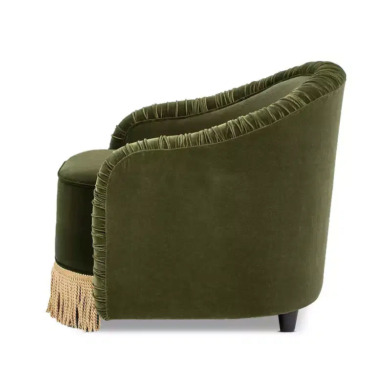 Fauteuil d’appoint Serena de Jennifer Taylor Home, dossier arrondi capitonné de 31,5 po avec franges bullion, velours haute performance vert olive