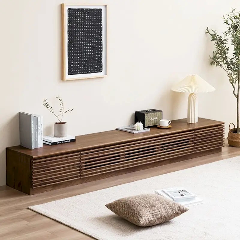Minimalistische tv-meubel met laden, mediaconsole van massief hout met kasten, neerklapbare deur, walnootfineer, volledig gemonteerd