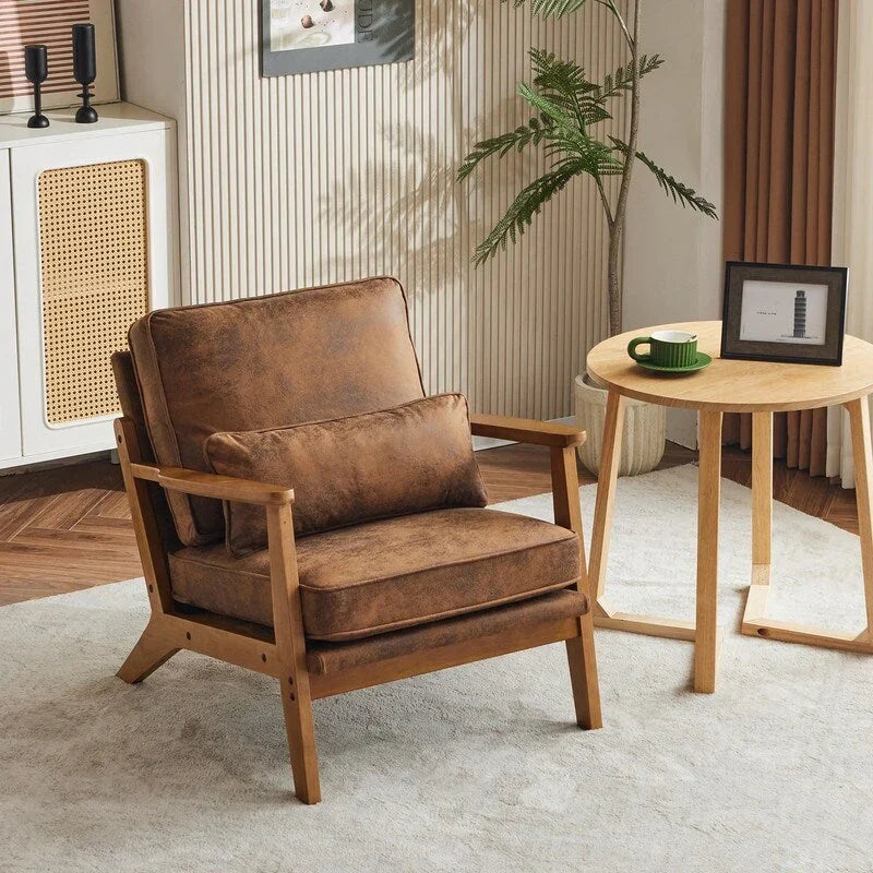 Fauteuil d'appoint rembourré en mélange de lin avec pieds en bois et un coussin, beige