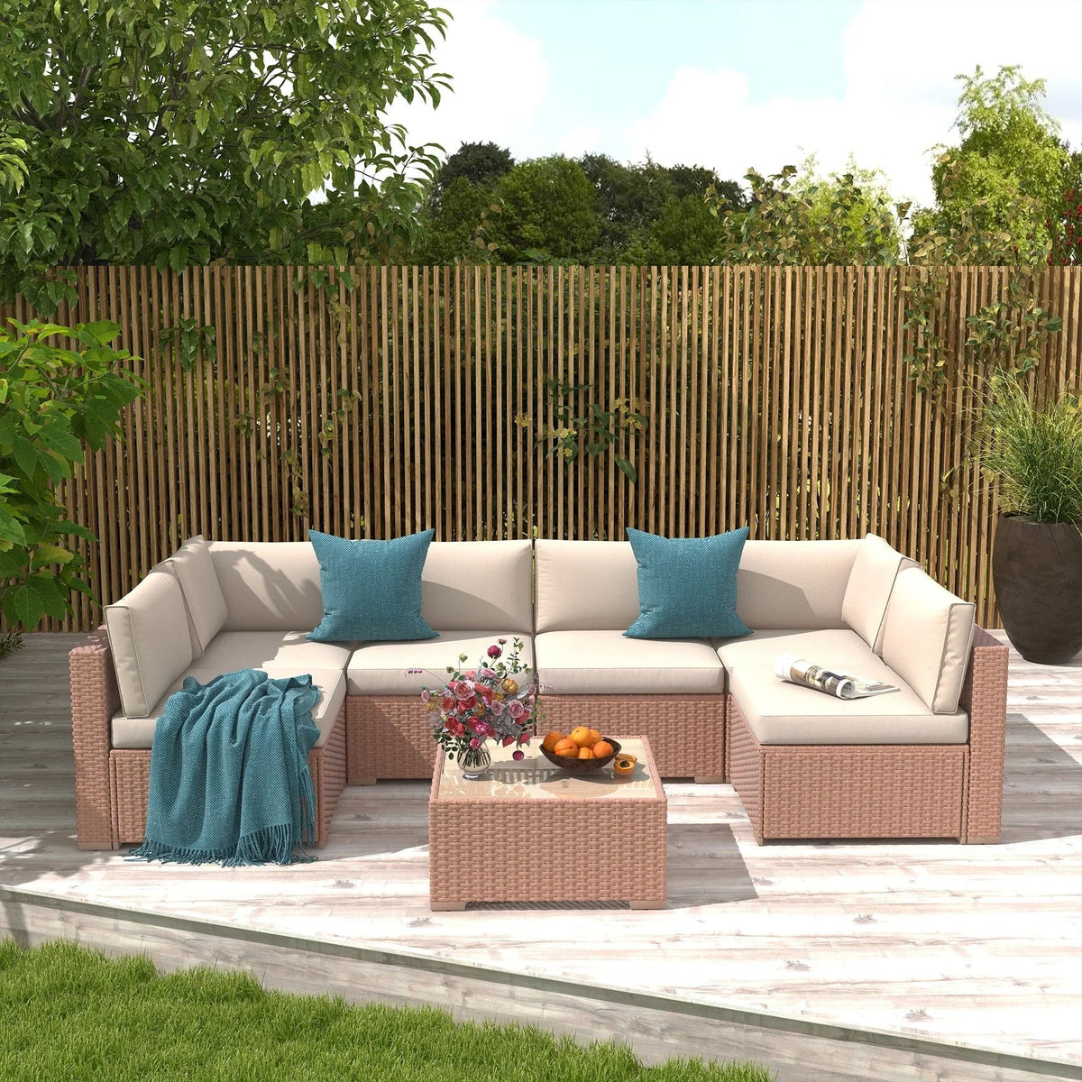 7-delige outdoor loungeset van vlechtwerk en staal met kussens