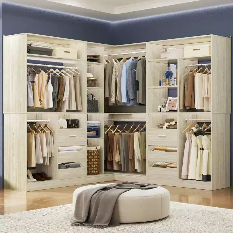 Besiost 3-teiliges Eck-Kleiderschranksystem mit Regalböden und Schubladen, freistehender Kleiderschrank-Organizer mit Kleiderstangen