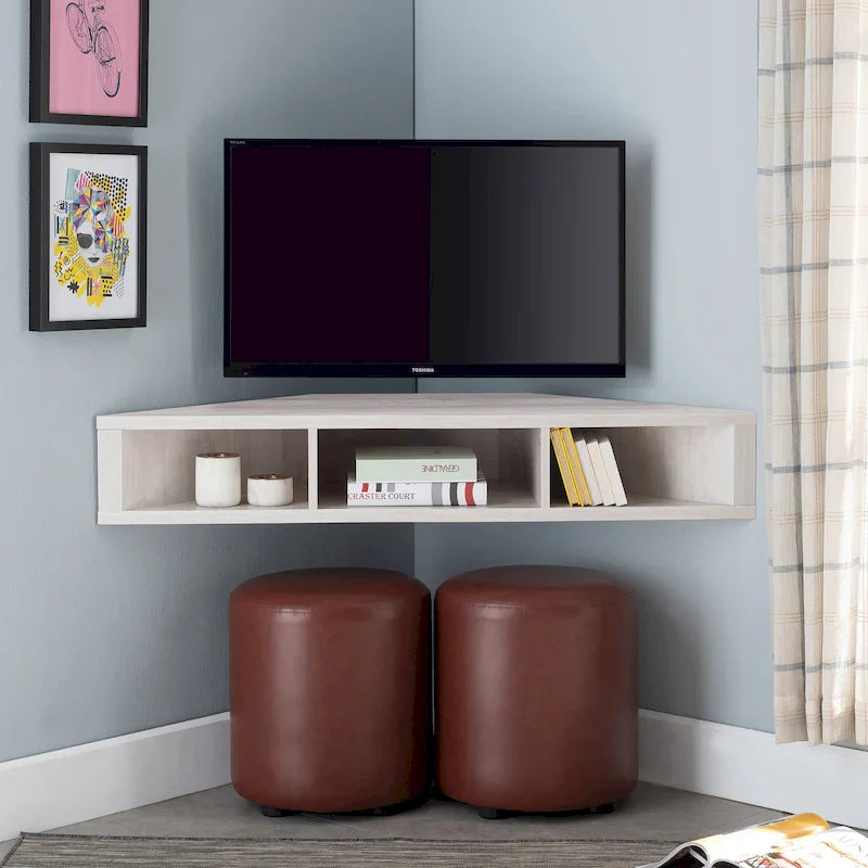 Meuble TV d’angle suspendu 47, 3 étagères, style transitionnel, fixation murale peu encombrante