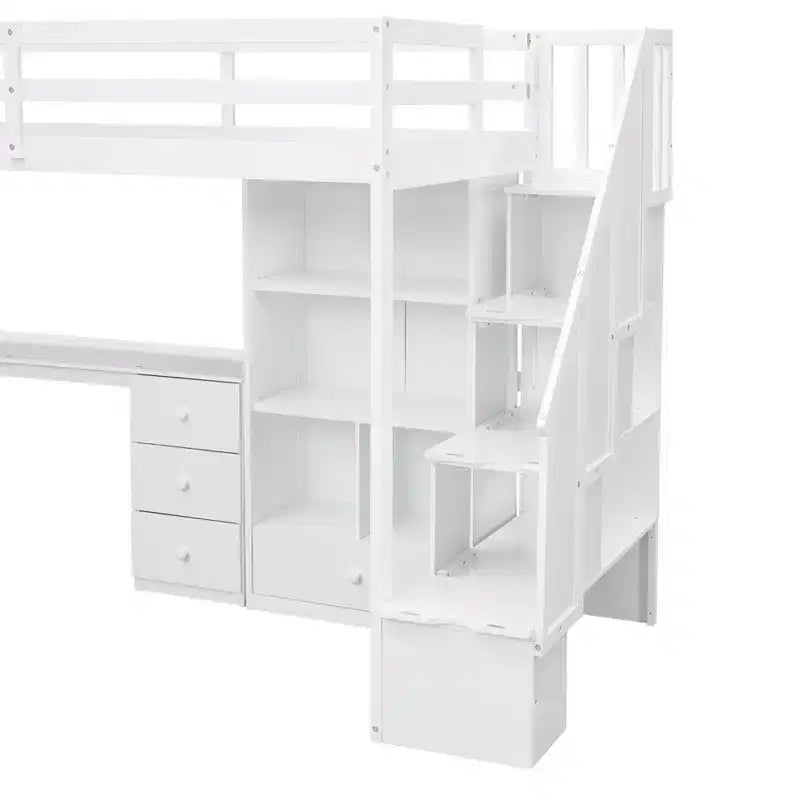 Hochbett in Twin-Größe mit L-förmigem Schreibtisch, 3 Schubladen, Schrank und Stauraum in der Treppe, Konstruktion aus massivem Kiefernholz/MDF