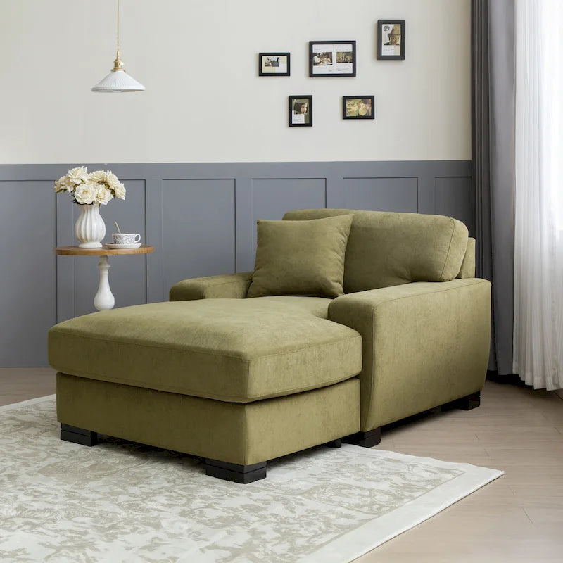 Nowoczesna, ponadgabarytowa sofa z szezlongiem i funkcją spania w stylu mid-century, z poduszką