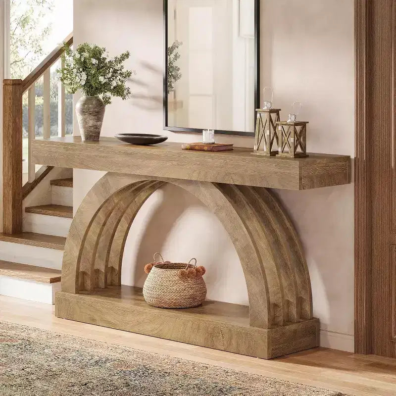 Console d'entrée Lantine de 160 cm, table de canapé à 2 niveaux derrière le canapé, console étroite de style campagne à arche unique pour couloir, salon, vestibule, naturel