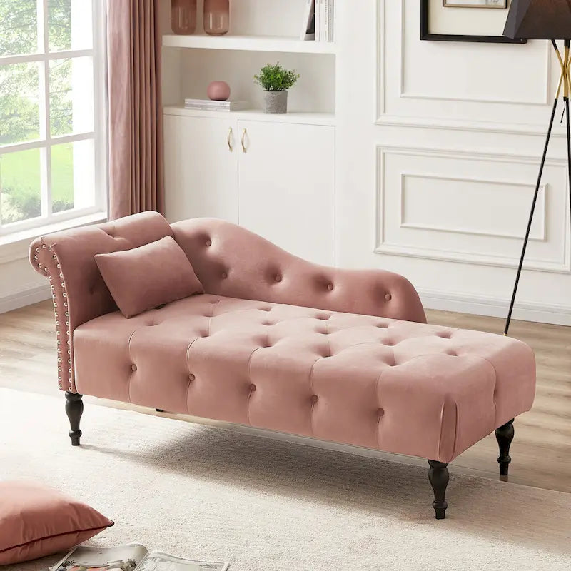 Chaise longue moderne de 60,6 po, revêtement en velours, boutons capitonnés, pieds en bois massif et clous décoratifs
