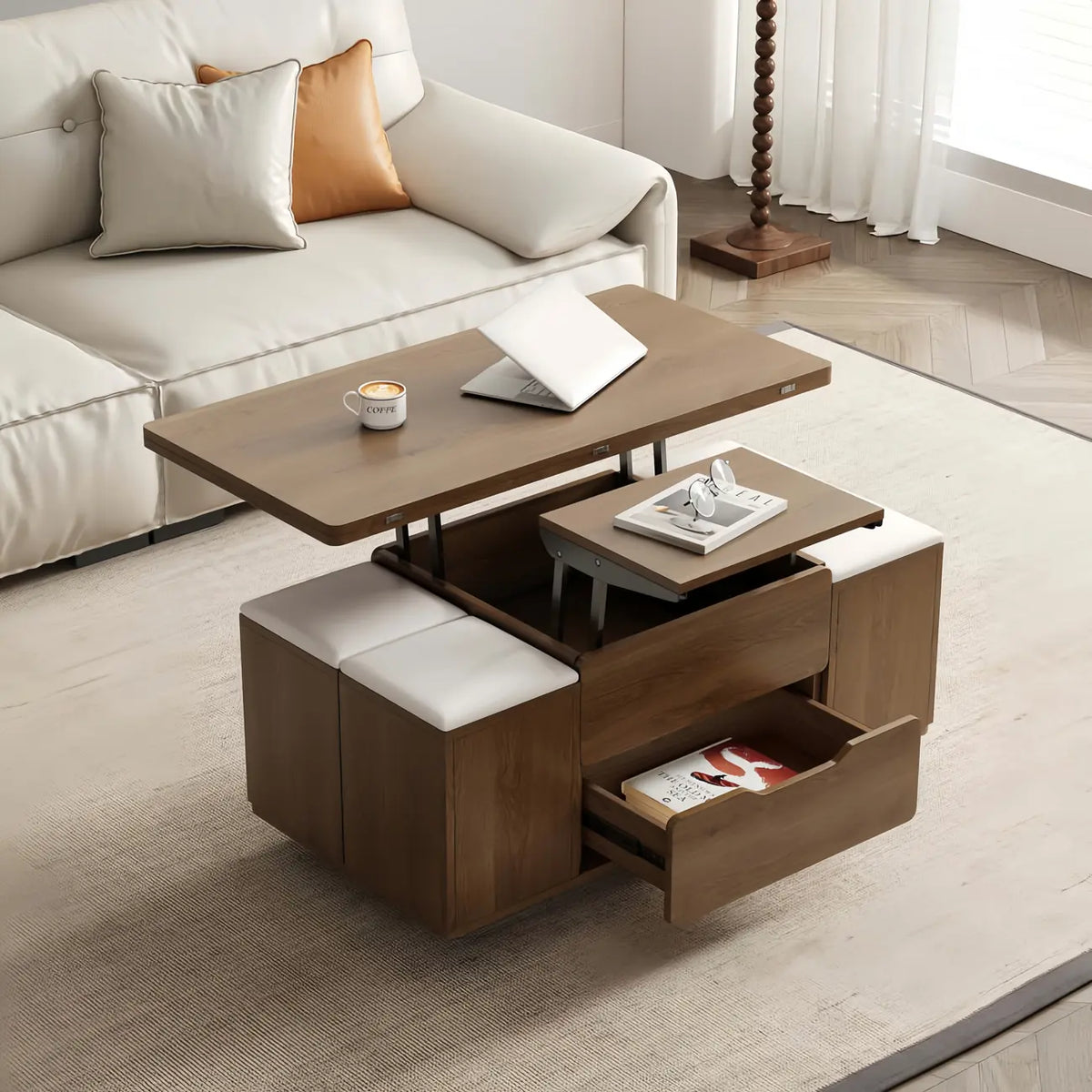 Table basse pliable à plateau relevable avec 4 tabourets et espace de rangement