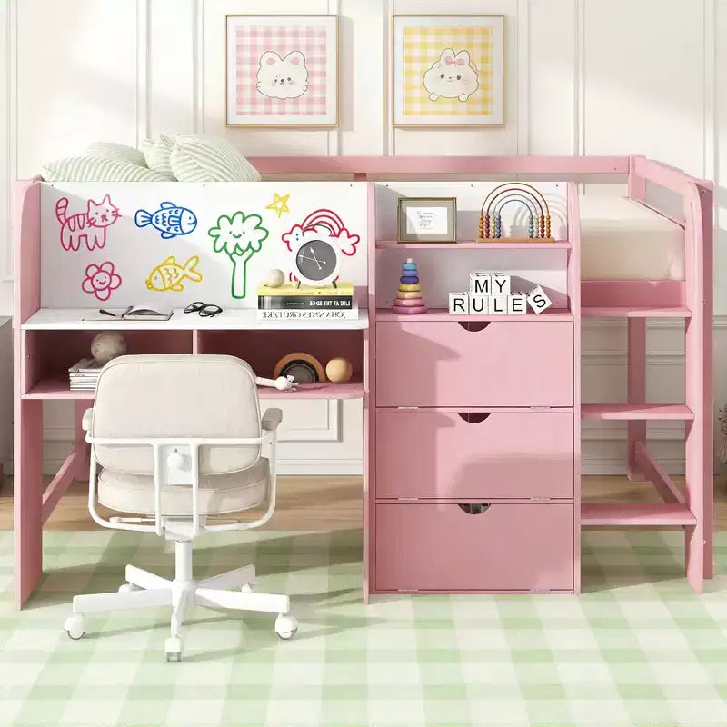 Niedriges Hochbett in Pink/Weiß mit Schreibtisch, Stauraum und Whiteboard - C Twin, 1 Person