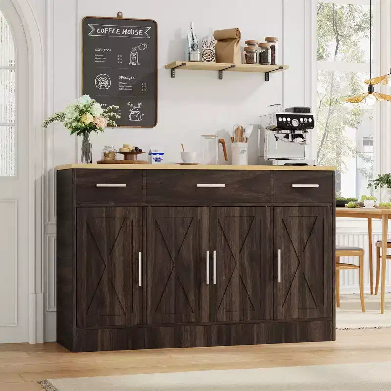 Celebalcony buffetkast met opbergruimte, grote keukenopbergkast van 53,4 met 3 laden en 4 deuren, verstelbare plank voor keuken en woonkamer