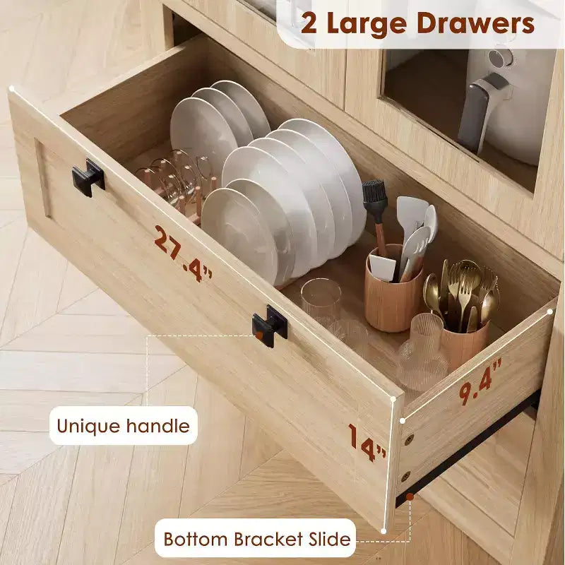 Armoire de rangement de cuisine style champêtre avec portes vitrées, meuble de rangement de 72 pouces avec tiroirs et étagères réglables pour la salle à manger, la salle de bains ou le salon