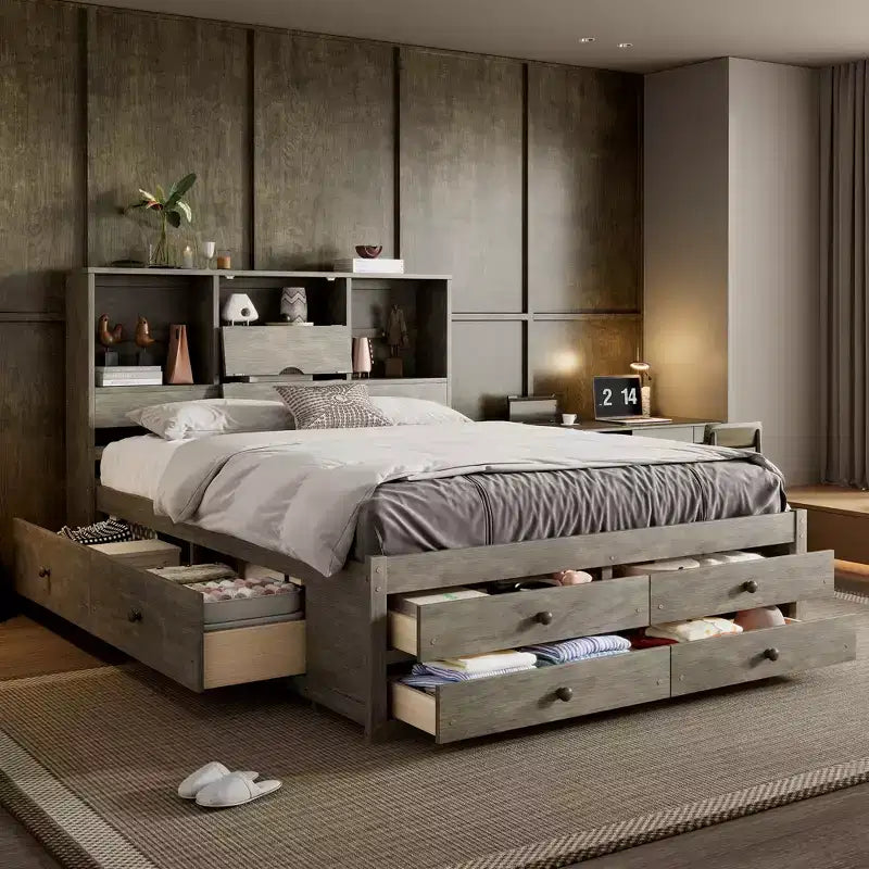 Podestbett in Queen-Size mit Ablage und 8 Schubladen, einfache Montage
