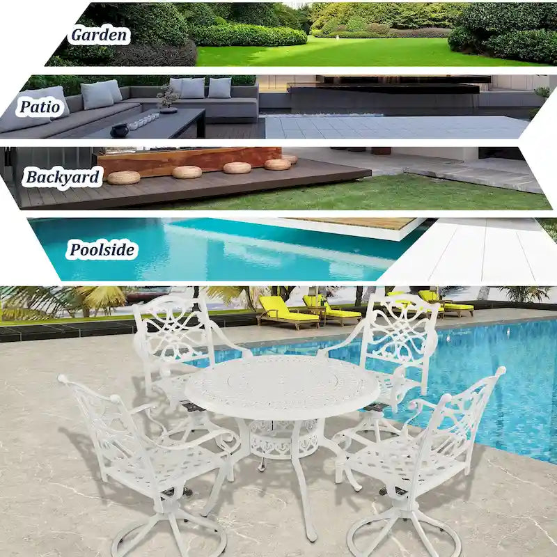 5-teiliges Esszimmer-Set für die Terrasse aus Aluminiumguss mit 4 drehbaren Stühlen