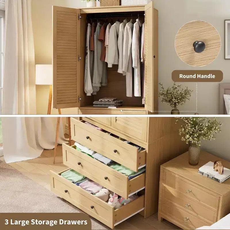 COZONY 3 çekmeceli ve 2 kapılı gardırop, yatak odası için modern ahşap giysi dolabı, dayanıklı beyaz ayaklı gardırop