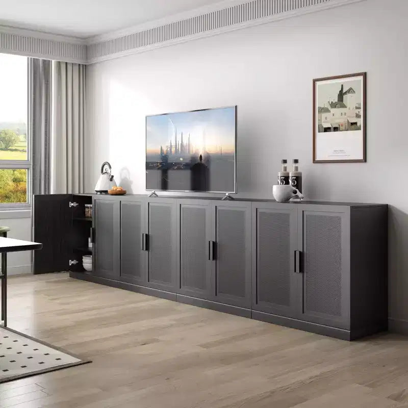 Credenza decorativa nera in vimini effetto legno alta 62 cm con anta e 12 ripiani