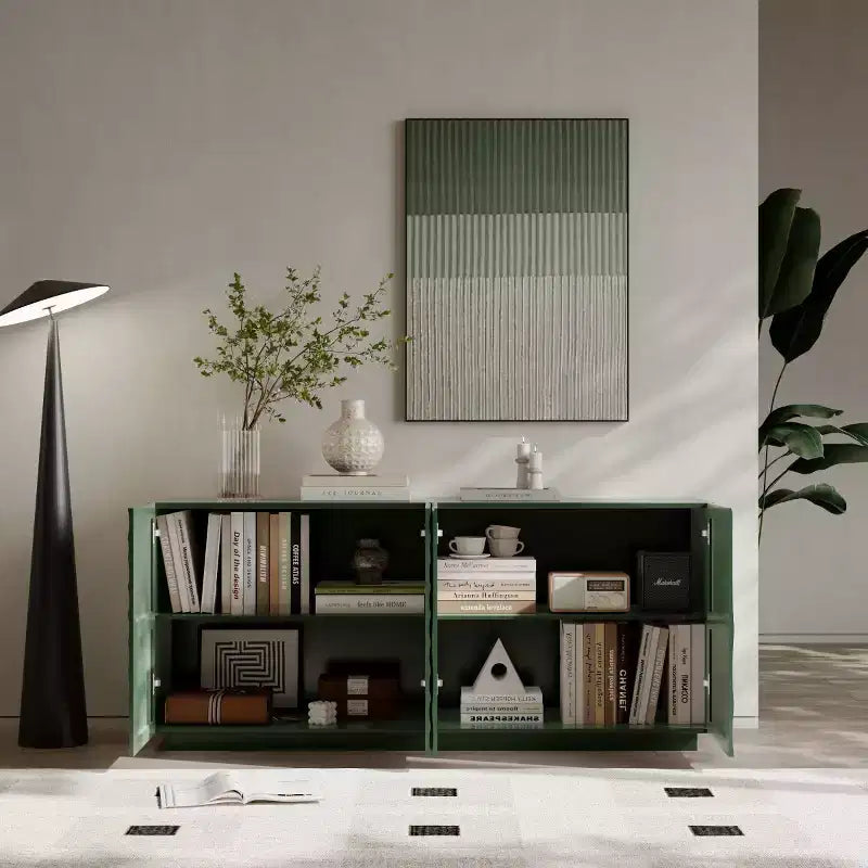 59 moderner Spiralen-Sideboard-Schrank, niedriges dekoratives Aufbewahrungsmöbel für den Eingangsbereich mit Türen in 3D-Wellenoptik