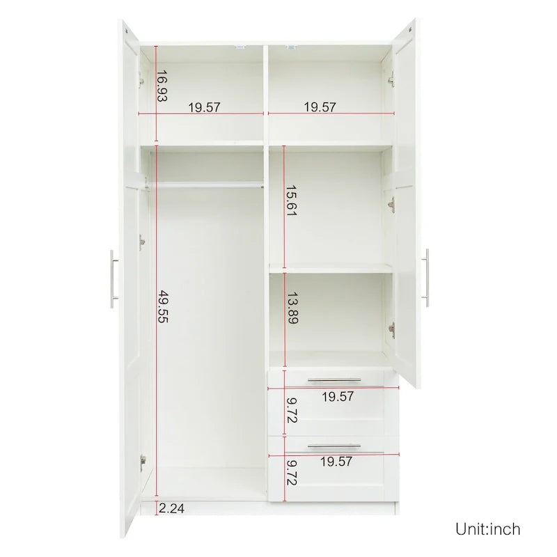 Weißer Kleiderschrank aus Holz mit Türen, Schubladen und Kleiderstange