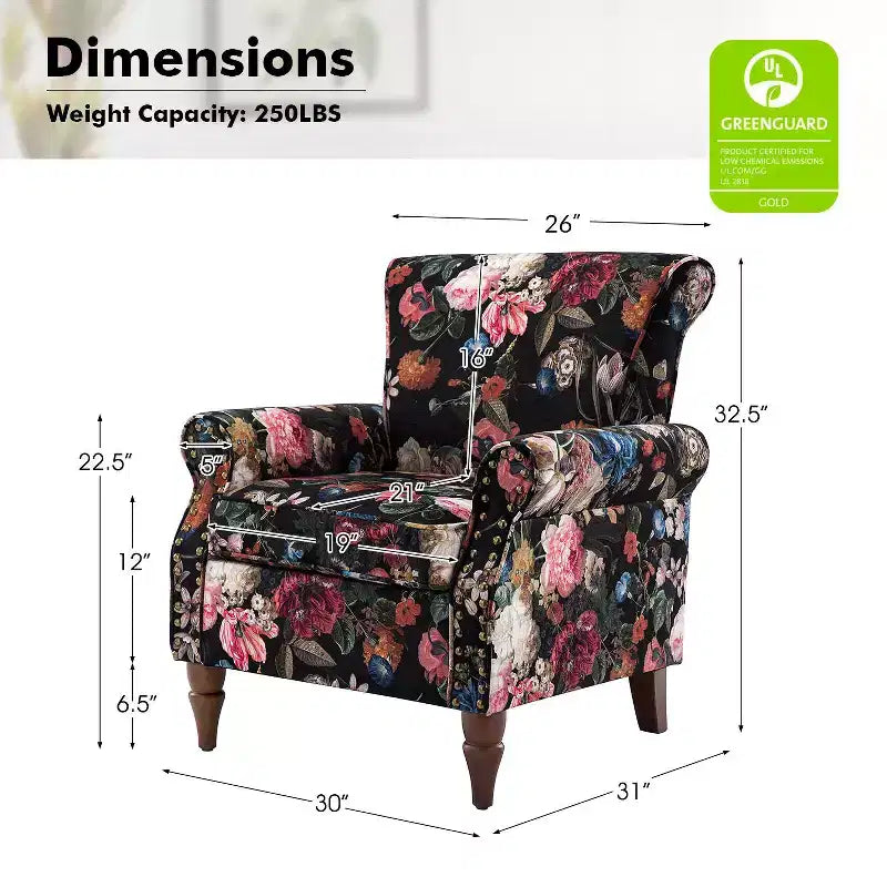 Sillón floral tradicional Araceli con estructura de madera, tapizado, respaldo alto con alas y acabado de tachuelas| ART OF LIVING DESIGNS