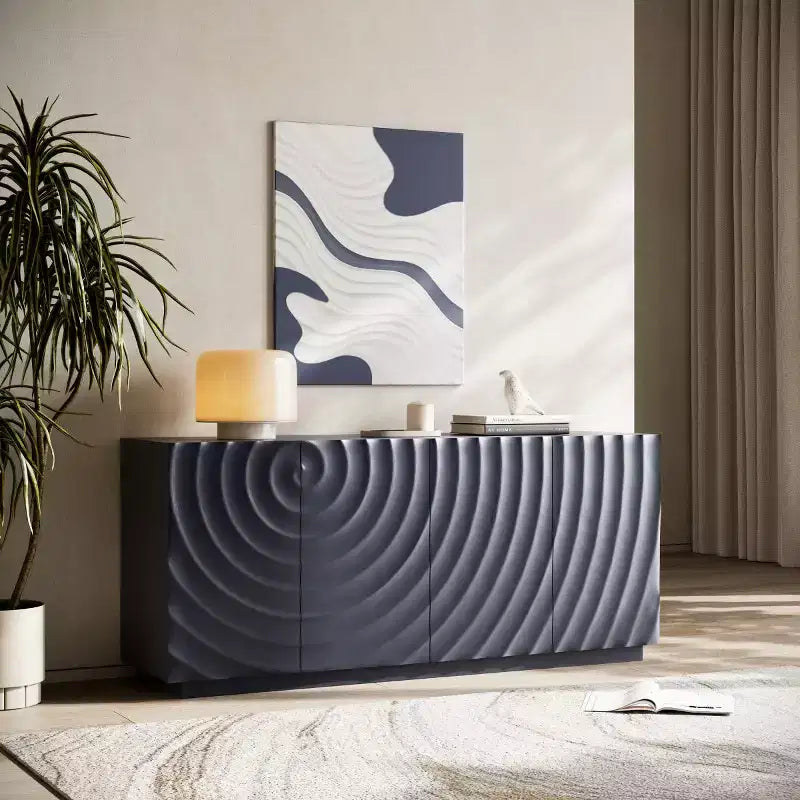 59 moderner Spiralen-Sideboard-Schrank, niedriges dekoratives Aufbewahrungsmöbel für den Eingangsbereich mit Türen in 3D-Wellenoptik