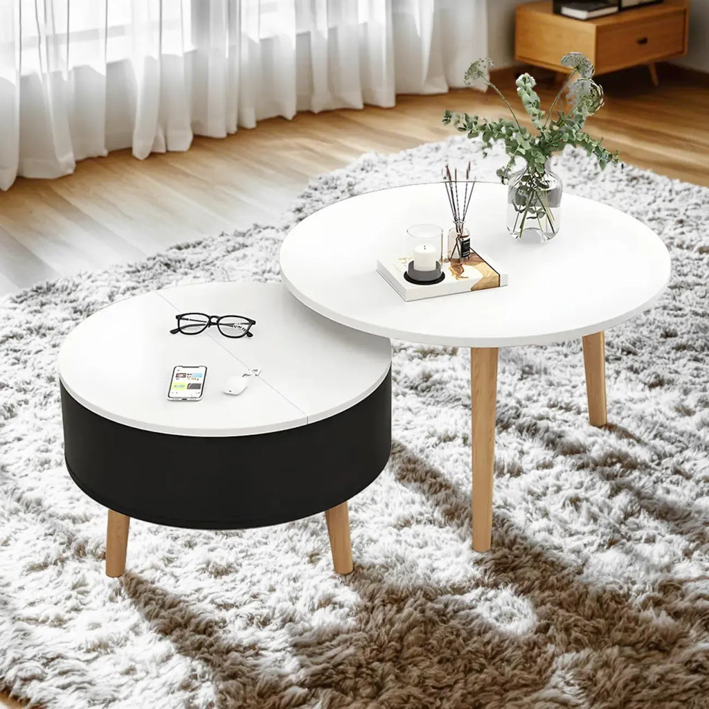 Moderne ronde houten salontafel in zwart en wit met opbergruimte