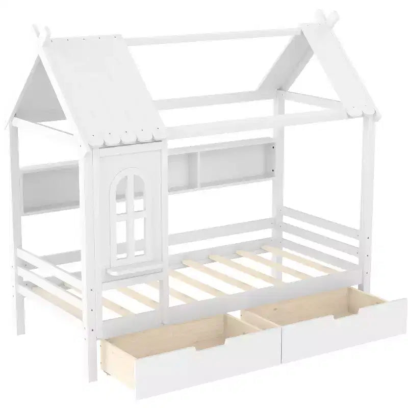 Huisbed met opbergladen en raam, frame van massief hout met planken, speels kinderdesign, lichtwit