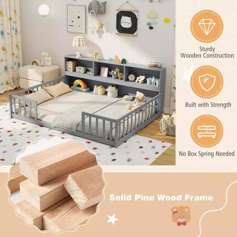 Łóżko podłogowe Montessori w rozmiarze Twin/Full z półkami na książki i miejsce do przechowywania oraz barierkami ochronnymi, białe/szare